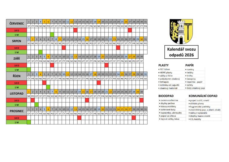 Svozový kalendář - druhé pololetí 2026